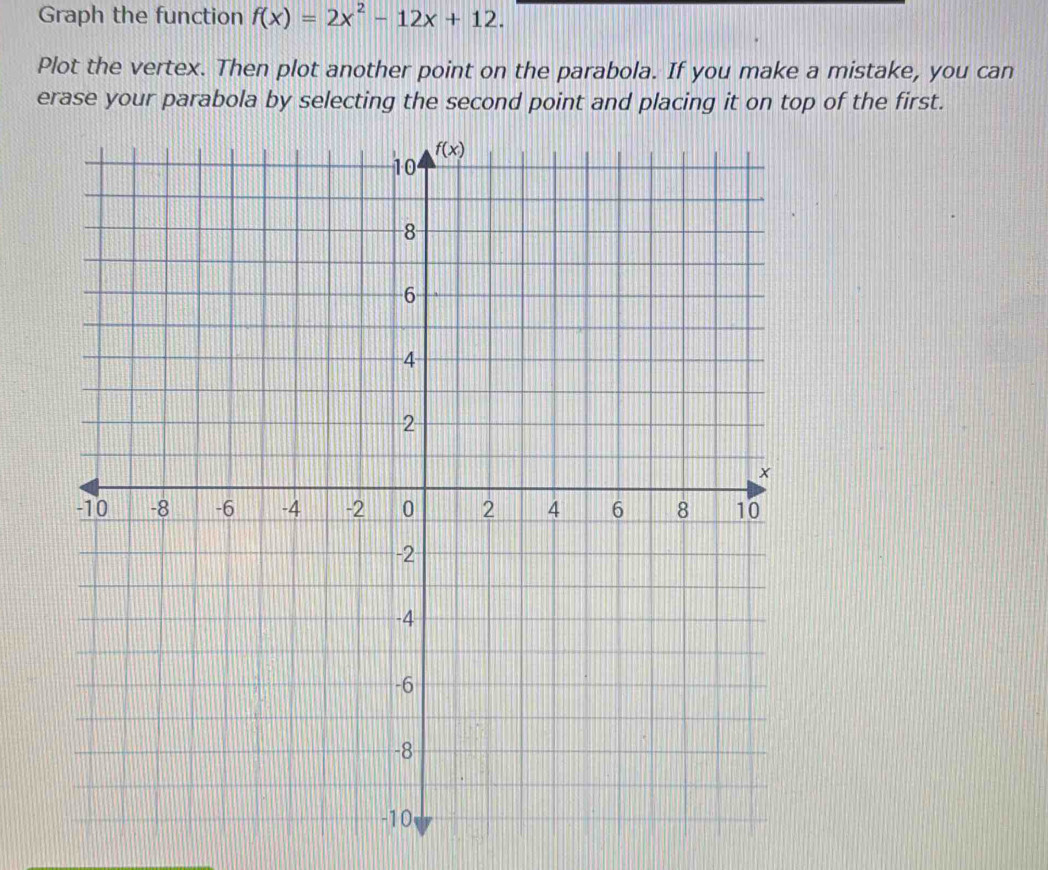 Solved: Graph the function f(x)=2x^2-12x+12. Plot the vertex. Then plot ...