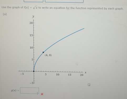 Use the graph of f(x)=sqrt(x) to write an equation for the function represented by each graph.
(a)
g(x)=□