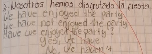 3-Nosotros hemos disfrutado /a fiesta 
We have enjoyed the party 
We have not enjoyed the party 
Have we enjoyed the party? 
yes, e have 
No, We haven'