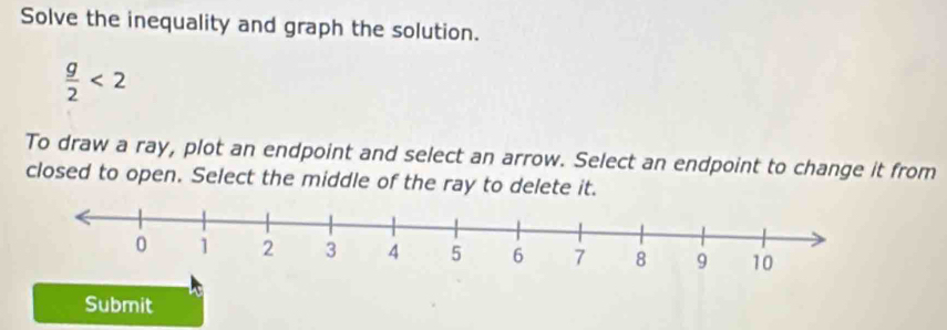 Solve the inequality and graph the solution.
 g/2 <2</tex> 
To draw a ray, plot an endpoint and select an arrow. Select an endpoint to change it from 
closed to open. Select the middle of the ray to delete it. 
Submit