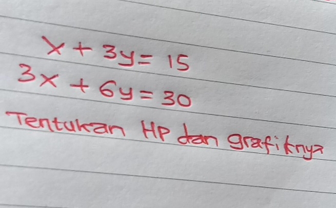 x+3y=15
3x+6y=30
Tentakan Hp dan grafikny?