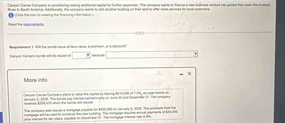 Canyon Canoe Company is considering raising additional capital for further expansion. The company wants to finance a new business venture into guided trips down the Amazon 
River in South America. Additionally, the company wants to add another building on their land to offer more services for local customers. 
t (Click the icon to viewing the financing information.) 
Read the requirements 
Requirement 1. Will the bonds issue at face value, a premium, or a discount? 
Canyon Canoe's bonds will be issued at because 
More info 
Canyon Canoe Company plans to raise the capital by issuing $210,000 of 7.5%, six-year bonds on 
January 2, 2026. The bonds pay interest semiannually on June 30 and December 31. The company 
receives $208,476 when the bonds are issued. 
The company also issues a mortgage payable for $450,000 on January 2, 2026. The proceeds from the 
mortgage will be used to construct the new building. The mortgage requires annual payments of $45,000
plus interest for ten years, payable on December 31. The mortgage interest rate is 8%.