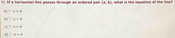 If a horizontal line passes through an ordered pair (a,b) , what is the equation of the line?
a) y=a
b) y=b
c) x=b
d) x=a