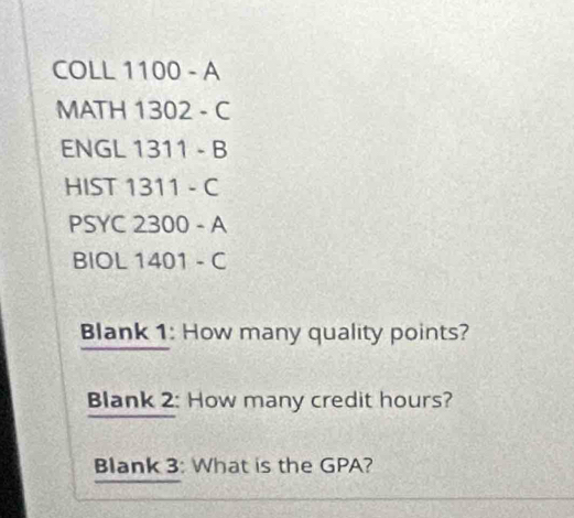 COLL 1100 - A 
MATH 1302 - C 
ENGL 1311 - B 
HIST 1311 - C 
PSYC 2300 - A 
BIOL 1401 - C 
Blank 1: How many quality points? 
Blank 2: How many credit hours? 
Blank 3: What is the GPA?