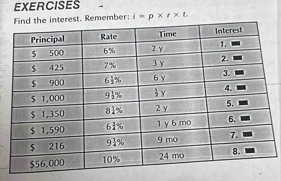 EXERCISES
nterest. Remember: i=p* r* t.