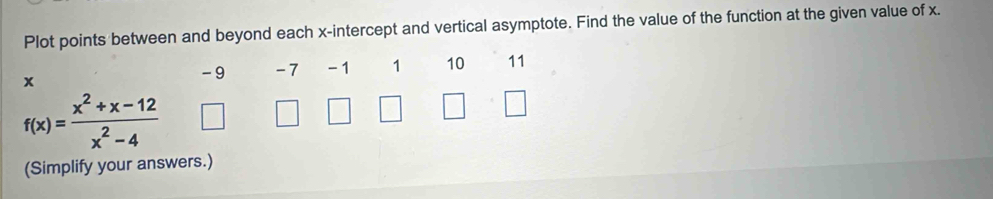 Plot points between and beyond each x-intercept and vertical asymptote. Find the value of the function at the given value of x.
x
- 9 -7 -1 1 10 11
f(x)= (x^2+x-12)/x^2-4 
(Simplify your answers.)