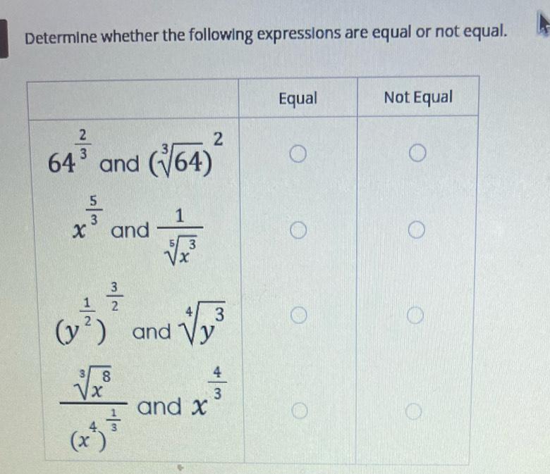 Determine whether the following expressions are equal or not equal.