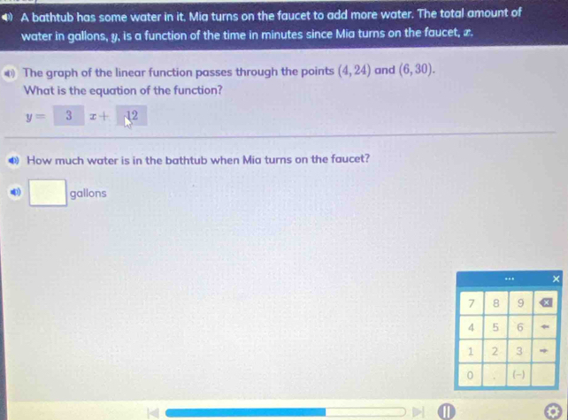 A bathtub has some water in it, Mia turns on the faucet to add more water. The total amount of 
water in gallons, y, is a function of the time in minutes since Mia turns on the faucet, x. 
The graph of the linear function passes through the points (4,24) and (6,30). 
What is the equation of the function?
y=□ < <tex>x+L2
● How much water is in the bathtub when Mia turns on the faucet?
gallons