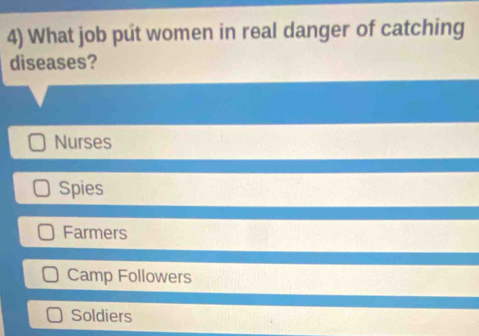 What job pút women in real danger of catching
diseases?
Nurses
Spies
Farmers
Camp Followers
Soldiers