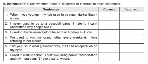 Instructions: Circle whether "used to” is correct or Incorrect in these sentences.