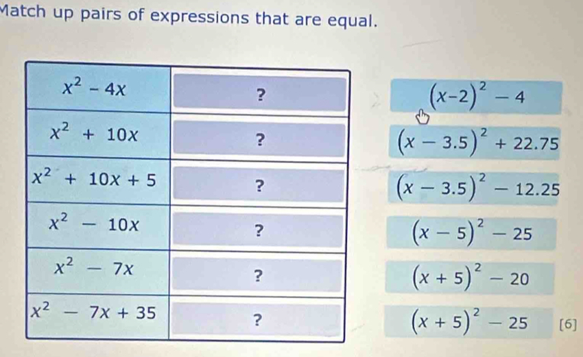 Match up pairs of expressions that are equal.
(x-2)^2-4
(x-3.5)^2+22.75
(x-3.5)^2-12.25
(x-5)^2-25
(x+5)^2-20
(x+5)^2-25 [6]