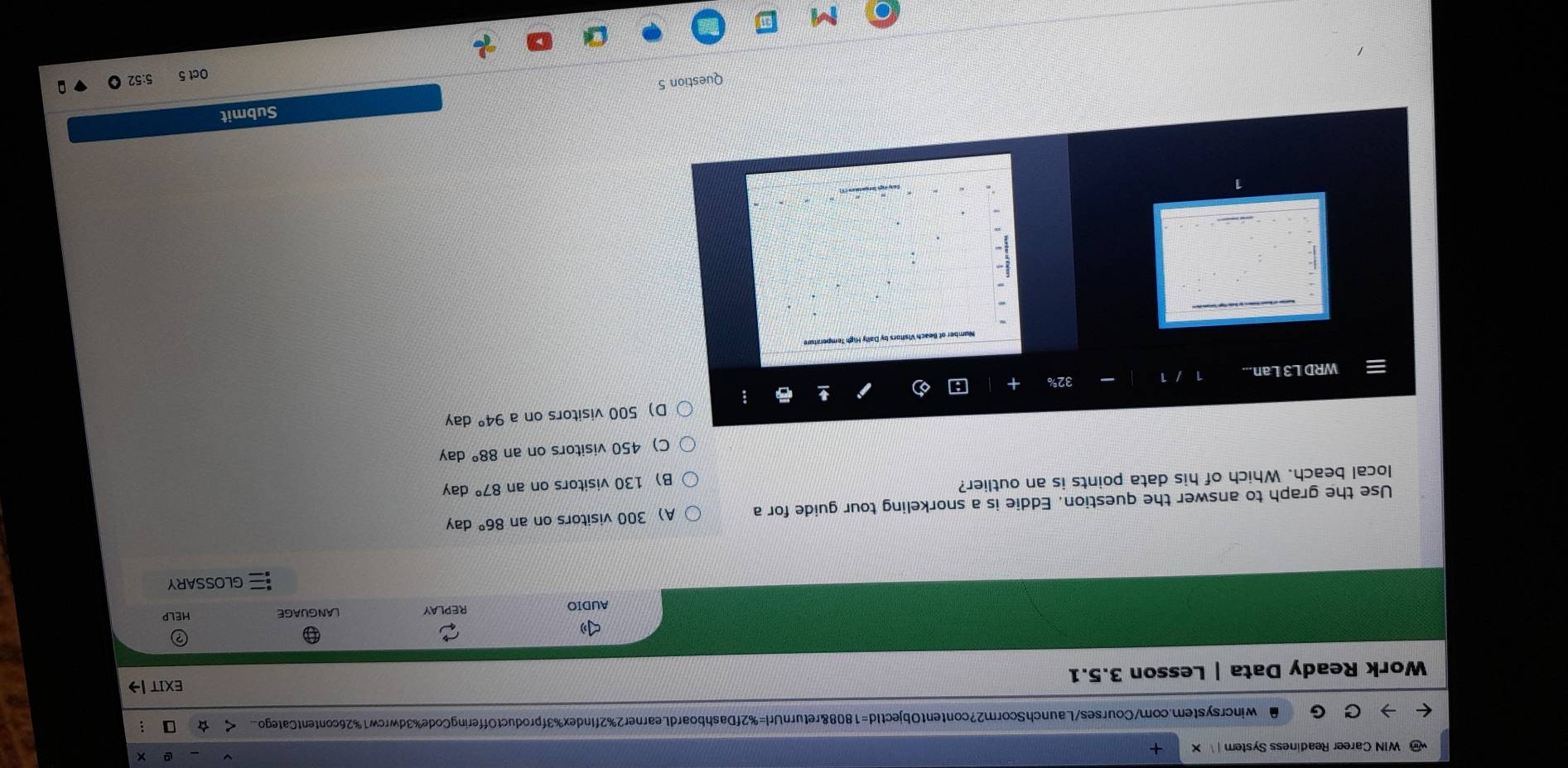 WIN Career Readiness System|
wincrsystem.com/Courses/LaunchScorm2?contentObjectId=1808&returnUrl=%2fDashboardLearner2%2fIndex%3fproductOfferingCode%3dwrcw1%26contentCatego_ < 
EXIT |
Work Ready Data | Lesson 3.5.1
AUDIO REPLAY LANGUAGE
GLOSSARY
Use the graph to answer the question. Eddie is a snorkeling tour guide for a  A) 300 visitors on an 86° day
local beach. Which of his data points is an outlier?
B) 130 visitors on an 87° day
C) 450 visitors on an 88° day
D) 500 visitors on a 94° day
WRD L3 Lan...
Number of Beach Visitors by Dally High Temperature
1
Submit
Question 5 5:52
Oct 5