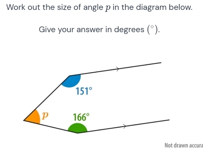 Work out the size of angle p in the diagram below.
Give your answer in degrees (^circ ).
Not drawn accura