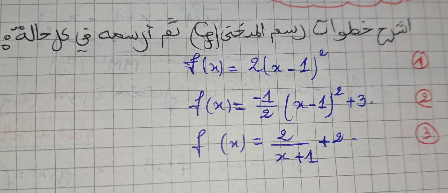 f(x)=2(x-1)^2
f(x)= (-1)/2 (x-1)^2+3
f(x)= 2/x+1 +2
③