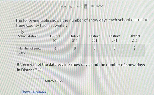 You might need: Calculator 
The following table shows the number of snow days each school district in 
Trene County had last winter. 
If the mean of the data set is 5 snow days, find the number of snow days
in District 241.
□ □ □ □ snow days
Show Calculator