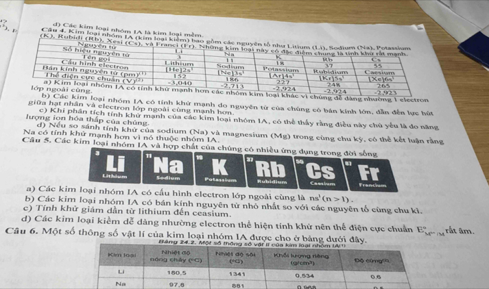 Các kim loại nhóm IA là kim loại mềm.
), F 
Câu 4. Kim loại nhóm IA (kim loại kiểm) b
(K), Rubidi (Rb), 
ng để dàng nhường 1 electron
m loại nhóm IA có tính khử mạnh do nguyên tử của chúng có bán kính lớn, dẫn đến lực hút
giữa hạt nhân và electron lớp ngoài cùng mạnh hơn.
c) Khi phân tích tính khử mạnh của các kim loại nhóm IA, có thể thấy rằng điều này chủ yểu là do năng
lượng ion hóa thấp của chúng.
d) Nếu so sánh tính khử của sodium (Na) và magnesium (Mg) trong cùng chu kỳ, có thể kết luận rằng
Na có tính khử mạnh hơn vì nó thuộc nhóm IA.
Cầu 5. Các kim loại nhóm IA và hợp chất của chúng có nhiều ứng dụng trong đời sống
3 11 19 K 37 55 87
Cs Fr
Lithium Sodium Potassium Rubidium Caesium Francium
a) Các kim loại nhóm IA có cấu hình electron lớp ngoài cùng là ns^1(n>1).
b) Các kim loại nhóm IA có bán kính nguyên từ nhỏ nhất so với các nguyên tố cùng chu kì.
c) Tính khử giảm dần từ lithium đến ceasium.
d) Các kim loại kiềm dễ dàng nhường electron thể hiện tính khử nên thể điện cực chuẩn E_M^*/M^circ  rắt âm.
Câu 6. Một số thông số vật lí của kim loại nhóm IA được cho ở bảng dưới đây.