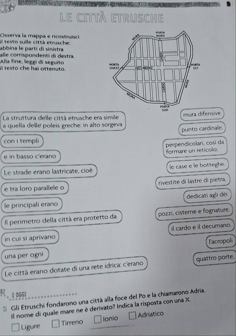 Le città ETrUsche
Osserva la mappa e ricostruisci
Il testo sulle città etrusche:
abbina le parti di sinistra
alle corrispondenti di destra.
Alla fine, leggi di seguito 
il testo che hai ottenuto. 
La struttura delle città etrusche era simile
mura difensive
a quella delle poleis greche: in alto sorgeva
punto cardinale.
con i templi
perpendicolari, cosí da
formare un reticolo;
e in basso c'erano
Le strade erano lastricate, cioé le case e le botteghe.
e tra loro parallele o rivestite di lastre di pietra,
dedicati agli dèi
le principali erano
Il perimetro della città era protetto da pozzi, cisterne e fognature.
in cui si aprivano il cardo e il decumano.
una per ogni l'acropoli
Le città erano dotate di una rete idrica: c'erano quattro porte,
RI E OGG[
Gli Etruschi fondarono una città alla foce del Po e la chiamarono Adria.
… 
Il nome di quale mare ne è derivato? Indica la risposta con una X.
Ligure Tirreno Ionio Adriatico