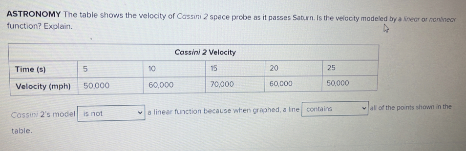 ASTRONOMY The table shows the velocity of Cassini 2 space probe as it passes Saturn. Is the velocity modeled by a linear or nonlineur 
function? Explain. 
Cassini 2's model is not a linear function because when graphed, a line contains all of the points shown in the 
table.