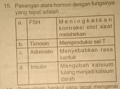 Pasangan atara hormon dengan fungsinya 
yang tepat adalah .... 
n v a ta an berikut vang tepat mengenai