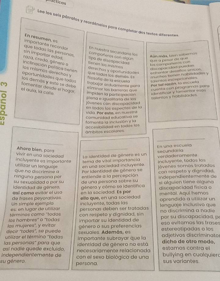 practicas
_Lee los seis párralos y reordénalos para completar dos textos diferentes
En resumen, es
importante recordar _compañeros con olgún_
que todas las personas,
En nuestra secundara los
Aún más, bíen sobemos
sin importar edad, tipo de discapacidad
que a pésar de que
raza, credo, gênero o tienen los mismos
los compañeros con
inclinación política tionen
discapocidad pueden
derechos y oportunidades enfrentar desafios únicos,
los mismos derechos y
que todos los demás. Es muchos tienen habilidades y
oportunidades que todos
filosofía de la escuela talentos excepcionales
trabajar arduamente para Por tal razón, la escuela
los demás y esto se debe elíminar las barreras que cuenta con programás para
fomentar desde el hogar, impiden la participación
el aula, la calle. identificar y fomentar esos
plena e igualitaria de los talentos y habilidades.
jóvenes con discapacidad
en todos los aspectos de la
vida. Por esto, en nuestra
comunidad educativa se
fomenta la inclusión y la
accesibilidad en todos los
âmbitos escolares
_
_
En una escuela
Ahora bien, para_
secundaria
vivir en una sociedad La identidad de género es un
incluyente es importante tema de vital importancia verdaderamente
utilizar un lenguaje en una sociedad incluyente. incluyente, todos los
que no discrimine a Por identidad de gónero se Jóvenes somos tratados
ninguna persona por entiende a la percepción con respeto y dignidad,
su sexualidad o por su de una persona sobre su Independientemente de
i dentidad de género, género y cómo se identifica si alguien tiene alguna
así como evitar el uso en la sociedad. Es por discapacidad física o
de frases peyorativas. ello que, en una sociedad mental. Aqui hemos
Un simple ejemplo incluyente, todas las aprendido a utilizar un
es: en lugar de utilizar personas deben ser tratadas  lenguaje inclusívo que
términos como "todo con respeto y dignidad, sin no discrimina a nadie
Ios hombres" o "todas importar su identidad de por su discapacidad, p
las mujeres", y evitar género o sus preferencias eso evitamos las trases
decir "todes", se puede sexuales. Además, es estereotipadas o los
utilizar el término "todas importante subrayar que la adjetivos discríminato
las personas" para que identidad de gênero no está dicho de otro modo,
así nadie quede excluido, necesariamente relacionada estamos contra el
Independientemente de con el sexo biológico de una bullying en cualquier
su género, persona. sus variantes.