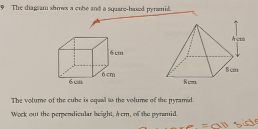 تم الحل:The diagram shows a cube and a square-based pyramid. The volume ...