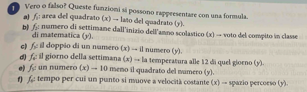 Vero o falso? Queste funzioni si possono rappresentare con una formula. 
a) f_1 : area del quadrato (x) → lato del quadrato (y). 
b) f_2 : numero di settimane dall’inizio dell’anno scolastico (x) → voto del compito in classe 
di matematica (y). 
c) f_3 : il doppio di un numero (x) → il numero (y). 
d) f_4 : il giorno della settimana (x) → la temperatura alle 12 di quel giorno (y). 
e) f_5 : un numero (x)to 10 meno il quadrato del numero (y). 
f) f_6 : tempo per cui un punto si muove a velocità costante (x) → spazio percorso (y).