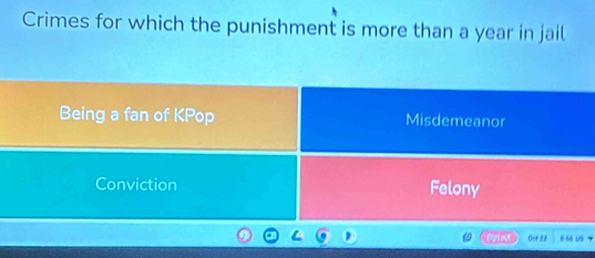 Crimes for which the punishment is more than a year in jail
Being a fan of KPop Misdemeanor
Conviction Felony
Get 2z 8 56 uS