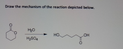 Draw the mechanism of the reaction depicted below.
H_2O
H_2SO_4