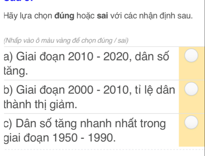 Hãy lựa chọn đúng hoặc sai với các nhận định sau. 
(Nhấp vào ô màu vàng để chọn đúng / sai) 
a) Giai đoạn 2010-2020 , dân số 
tǎng. 
b) Giai đoạn 2000-2010 , tỉ lệ dân 
thành thị giảm. 
c) Dân số tăng nhanh nhất trong 
giai đoạn 1950-1990.