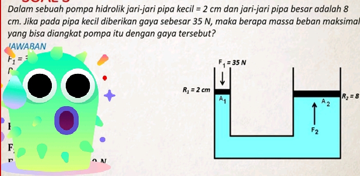 Dalam sebuah pompa hidrolik jari-jari pipa kecil =2cm dan jari-jari pipa besar adalah 8
cm. Jika pada pipa kecil diberikan gaya sebesar 35 N, maka berapa massa beban maksimal
yang bisa diangkat pompa itu dengan gaya tersebut?
AWABAN
F_1= :
R_2=8
F.
A