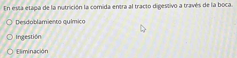 En esta etapa de la nutrición la comida entra al tracto digestivo a través de la boca.
Desdoblamiento químico
Ingestión
Eliminación