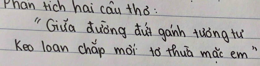 Phan tich hai cau tha: 
" Giua duòng dui ganh tuóng tu 
Keo loan cháp moi tò thuā mac em"