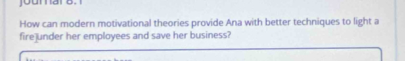 jounnar 8. 1 
How can modern motivational theories provide Ana with better techniques to light a 
fire]under her employees and save her business?