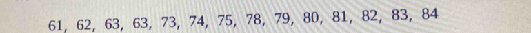 61, 62, 63, 63, 73, 74, 75, 78, 79, 80, 81, 82, 83, 84