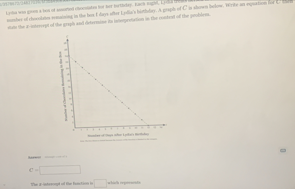 1/357 8672/24827039/61 3534 
Lydia was given a box of assorted chocolates for her birthday. Each night, Lydia treats i 
number of chocolates remaining in the box & days after Lydia's birthday. A graph of C is shown below. Write an equation for C then 
state the z -intercept of the graph and determine its interpretation in the context of the problem. 
Anawer ' Marga = n o
C=□
The x-intercept of the function is □ which represents