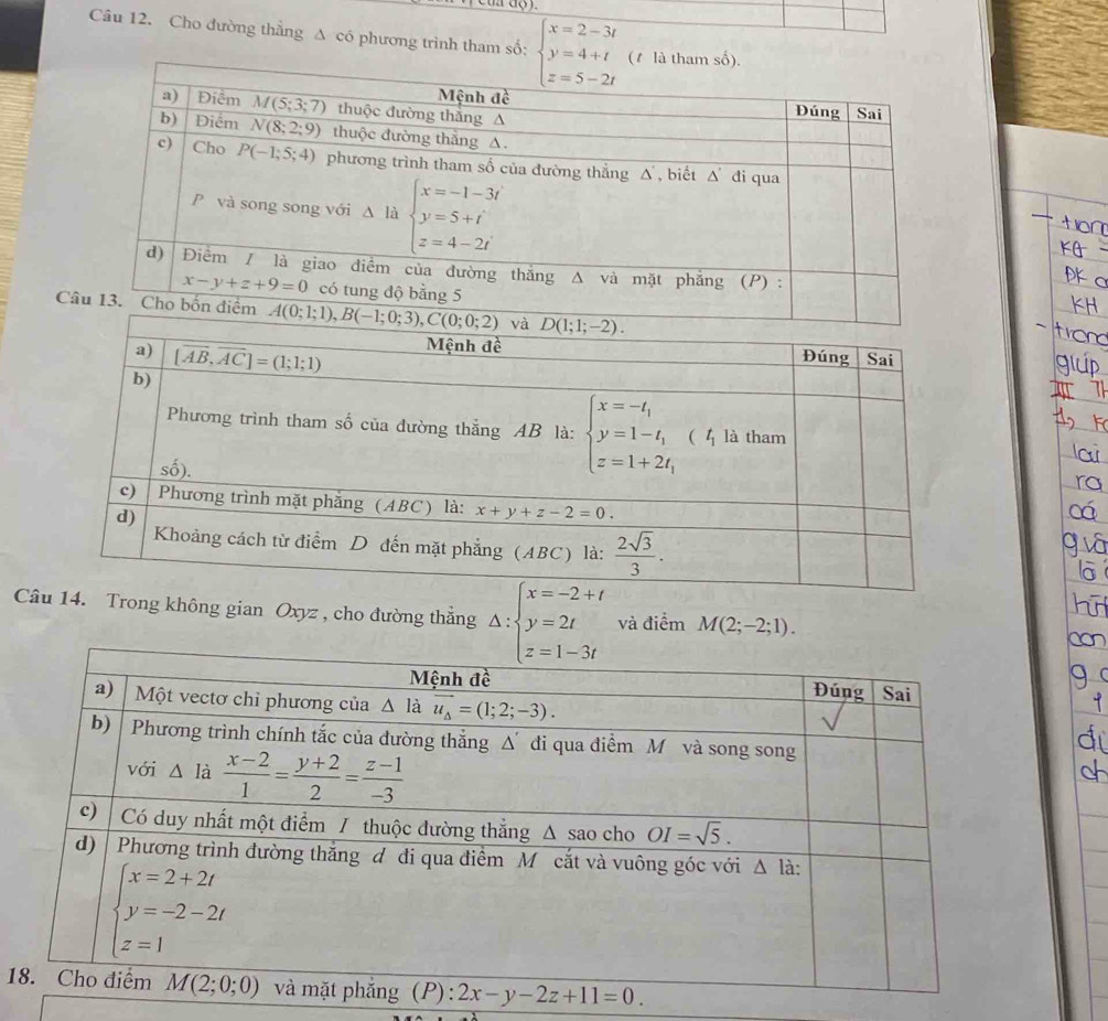 Cho đường thẳng A có phương trình tham số: beginarrayl x=2-3t y=4+t z=5-2tendarray. (1 là tham 
C
Câ. Trong không gian Oxyz , cho đường thắng Delta :beginarrayl x=-2+t y=2t z=1-3tendarray. và điểm M(2;-2;1).
1