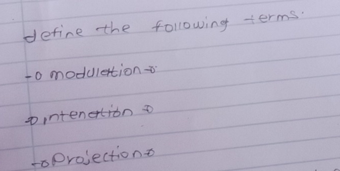 define the following terms. 
-o modulettion- 
ointenctiono 
-oprojectiont