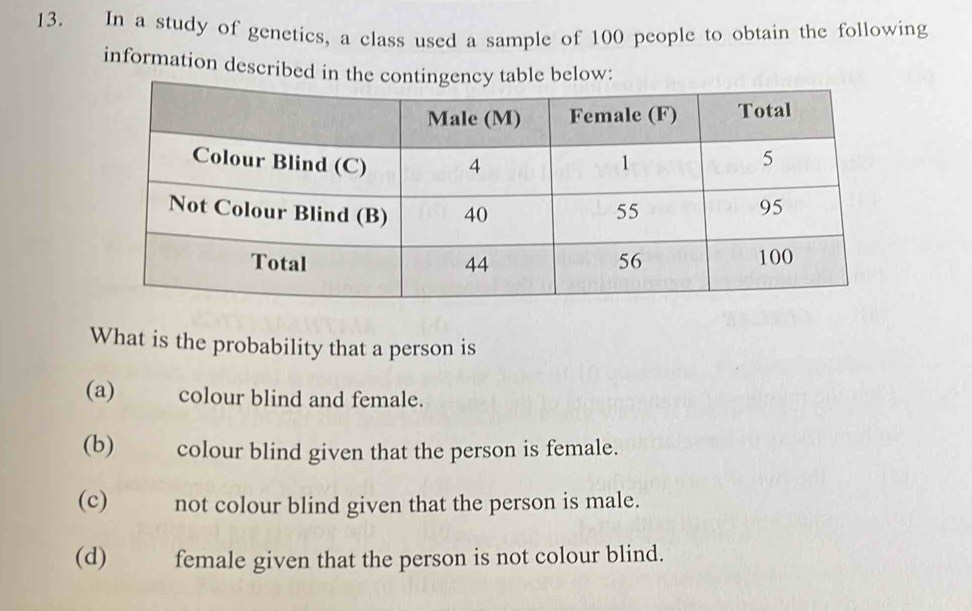 In a study of genetics, a class used a sample of 100 people to obtain the following
information described in the ble below:
What is the probability that a person is
(a) colour blind and female.
(b) colour blind given that the person is female.
(c) not colour blind given that the person is male.
(d) female given that the person is not colour blind.