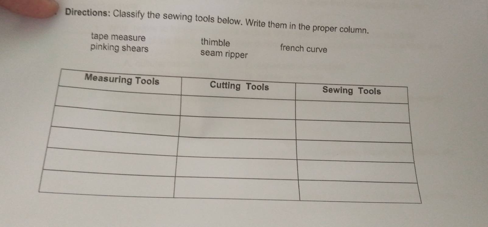 Directions: Classify the sewing tools below. Write them in the proper column. 
tape measure thimble french curve 
pinking shears seam ripper