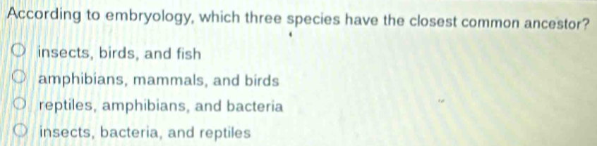 According to embryology, which three species have the closest common ancestor?
insects, birds, and fish
amphibians, mammals, and birds
reptiles, amphibians, and bacteria
insects, bacteria, and reptiles