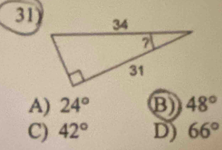 A) 24° B) 48°
C) 42° D) 66°