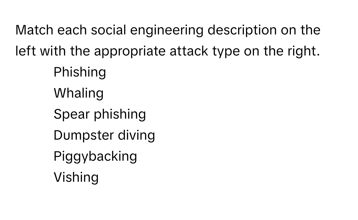 Match each social engineering description on the left with the appropriate attack type on the right.

1) Phishing
2) Whaling
3) Spear phishing
4) Dumpster diving
5) Piggybacking
6) Vishing