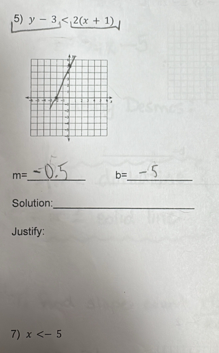 y-3<2(x+1)
_ m=
_
b=
_ 
Solution: 
Justify: 
7) x