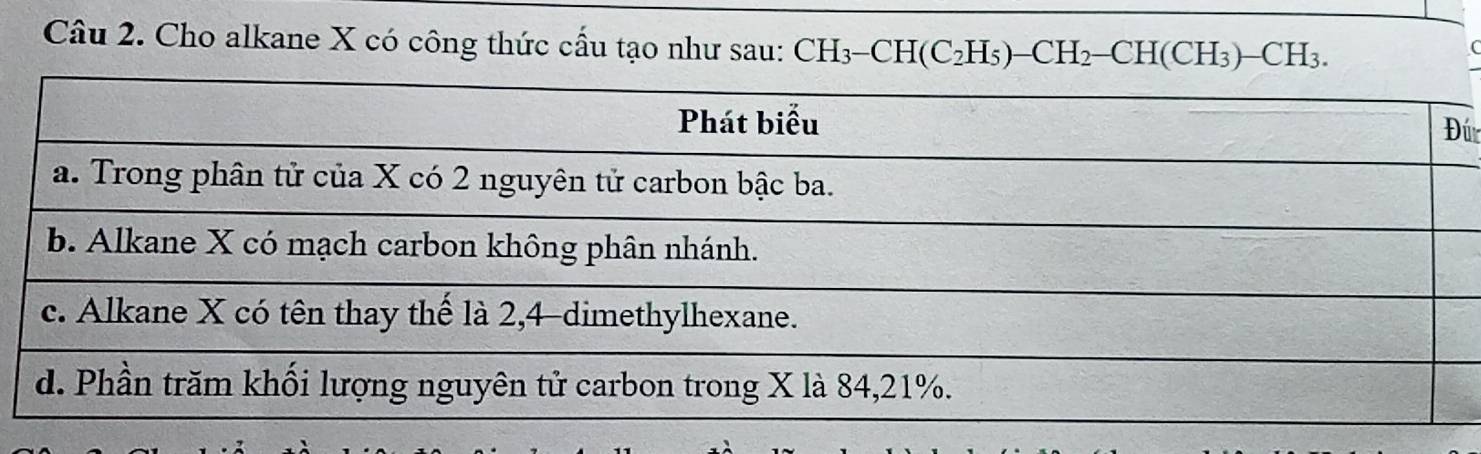 Cho alkane X có công thức cầu tạo như sau: CH_3-CH(C_2H_5)-CH_2-CH(CH_3)-CH_3. 
ú