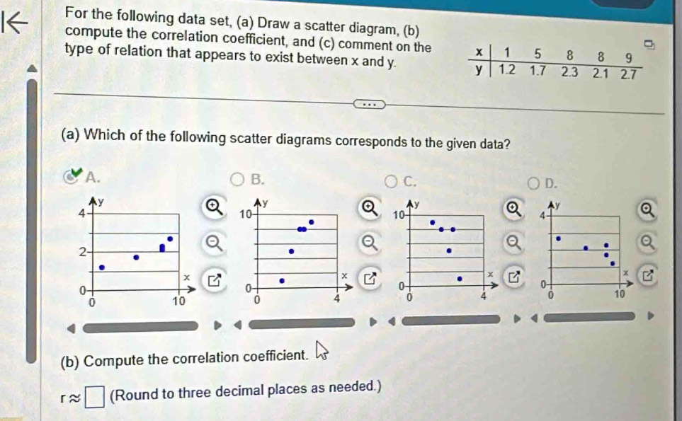 For the following data set, (a) Draw a scatter diagram, (b)
l← compute the correlation coefficient, and (c) comment on the
type of relation that appears to exist between x and y.
(a) Which of the following scatter diagrams corresponds to the given data?
A.
B.
C.
D.

(b) Compute the correlation coefficient.
rapprox □ (Round to three decimal places as needed.)