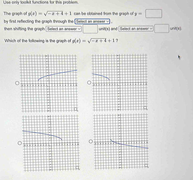 Use only toolkit functions for this problem. 
The graph of g(x)=sqrt(-x+4)+1 can be obtained from the graph of y=□
by first reflecting the graph through the [Select an answer , 
then shifting the graph Select an answer □ unit(s) and Select an answer □ unit(s). 
Which of the following is the graph of g(x)=sqrt(-x+4)+1 ?