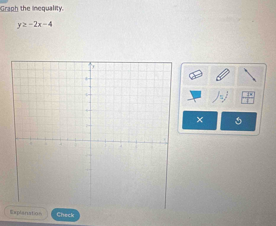 Graph the inequality.
y≥ -2x-4
5
× 
Check