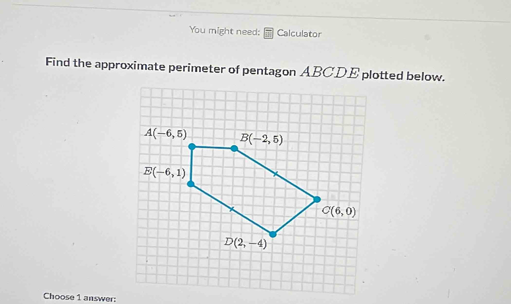 You might need: Calculator
Find the approximate perimeter of pentagon ABCDE plotted below.
Choose 1 answer: