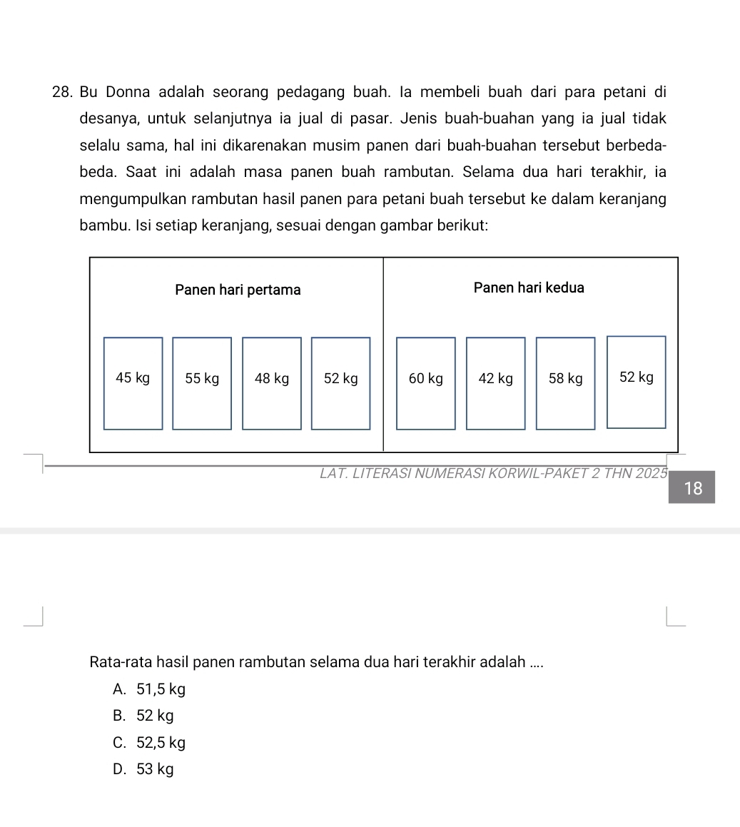 Bu Donna adalah seorang pedagang buah. la membeli buah dari para petani di
desanya, untuk selanjutnya ia jual di pasar. Jenis buah-buahan yang ia jual tidak
selalu sama, hal ini dikarenakan musim panen dari buah-buahan tersebut berbeda-
beda. Saat ini adalah masa panen buah rambutan. Selama dua hari terakhir, ia
mengumpulkan rambutan hasil panen para petani buah tersebut ke dalam keranjang
bambu. Isi setiap keranjang, sesuai dengan gambar berikut:
LAT. LITERASI NUMERASI KORWIL-PAKET 2 THN 2025
18
Rata-rata hasil panen rambutan selama dua hari terakhir adalah ....
A. 51,5 kg
B. 52 kg
C. 52,5 kg
D. 53 kg