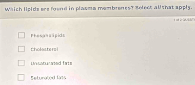 Which lipids are found in plasma membranes? Select a// that apply.
1 of 2 QUEST
Phospholipids
Cholesterol
Unsaturated fats
Saturated fats